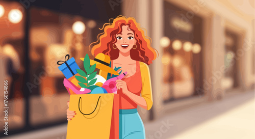 Happy redhead woman holding a shopping bag full of gifts and souvenirs.