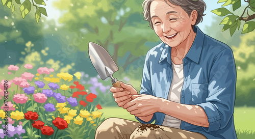 Happy senior woman gardening with a trowel in a sunny garden surrounded by colorful flowers.