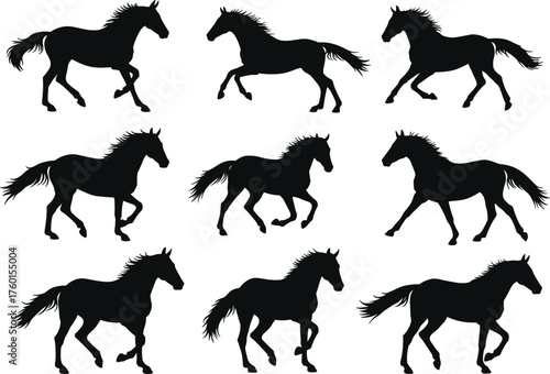 Horse running motion sequence in black silhouette style showing dynamic galloping stages for animation, design, biomechanics, and educational use