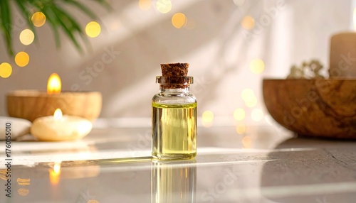 Spa Aromatherapy: Amber Glass Vial with Cork Stopper, Candles, and Soft Light