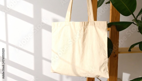 Blank Canvas Tote Bag Mockup Hanging on Wooden Shelf