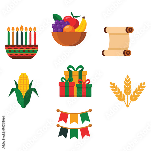 Traditional Kwanzaa Symbols Fruit Gifts Candles Scroll Drum Corn Vector