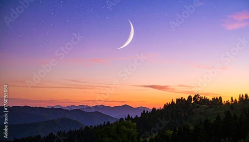 Crescent Moon with Earthshine over Silhouetted Hills at Twilight