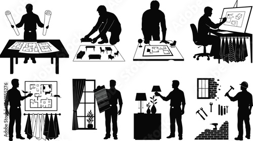 Pharmacist and doctor silhouettes preparing medicine, consulting patients, and working in pharmacy with medical equipment and healthcare concept vector illustration.