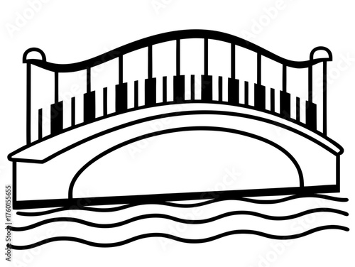 Artistic bridge with piano keys design silhouette isolated on white background