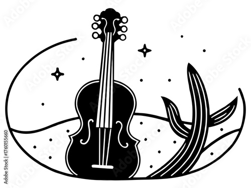 A black silhouette of a violin with a cactus and stars isolated on white background silhouette