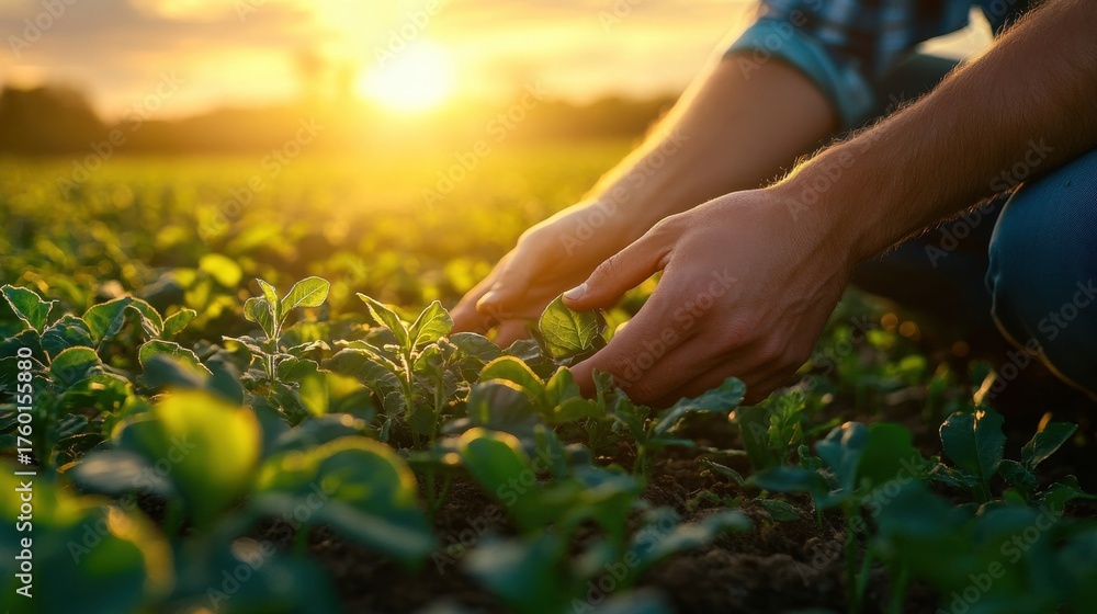 Fototapeta premium Sunset farming action agricultural field photography vibrant environment close-up view growth concept for sustainability
