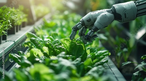 Robotic automation in agriculture enhancing crop growth greenhouse digital art futuristic close-up innovation