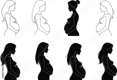 Pregnant woman silhouette set with varied hairstyles and shading styles—ideal for maternity, motherhood, health, care, female profile, designPregnant woman 