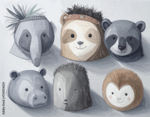 Hand Drawn Pencil Animal Heads Collection - Tribal Elephant, Sloth, Raccoon, Hippo Art