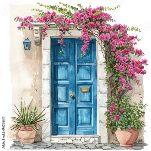 Blue door with flowers; Greece art for travel promotion/wedding invitations