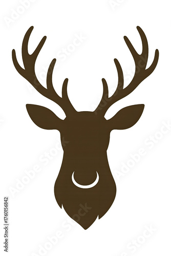 Brown reindeer head silhouette with antlers on transparent background