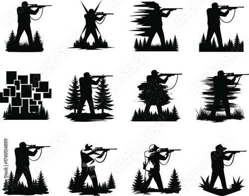 Rifle-Aiming Silhouettes of Hunters in Artistic Forest Scenes with Trees, Motion Effects, Abstract Backgrounds, and Outdoor Adventure Vector Illustration