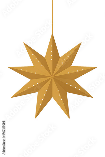 Golden paper star Christmas decoration on transparent background
