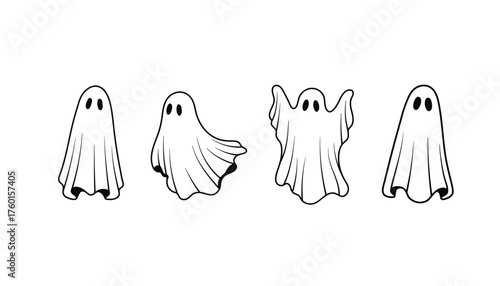 Four cute cartoon ghosts in different poses, vector illustration