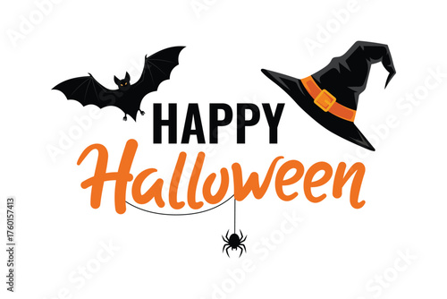 Happy halloween text with a witch hat, bat, and spider, vector illustration