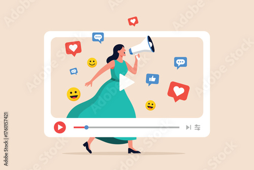 Woman in a teal dress speaking into a megaphone on a video player interface, surrounded by social media icons and emojis, representing online communication and engagement vector illustration