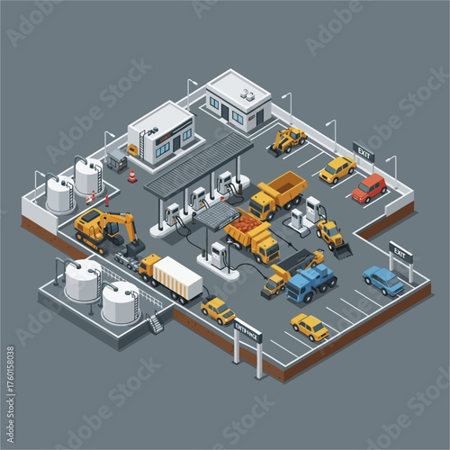 Isometric view of a commercial gas station with various vehicles.