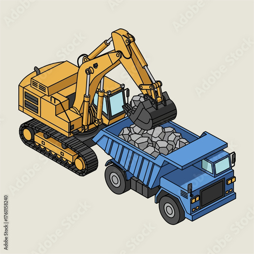 Isometric Yellow Excavator Loading Rocks into a Blue Dump Truck.