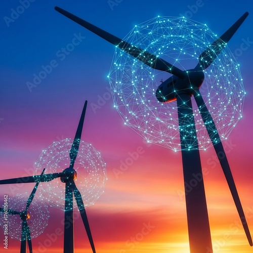 Futuristic Wind Turbine Farm with Digital Network Overlay at Sunset for Renewable Energy Technology Concept
