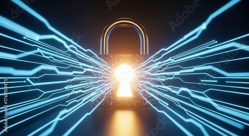 Digital Security Concept Glowing Padlock with Flowing Blue Binary Data Streams
