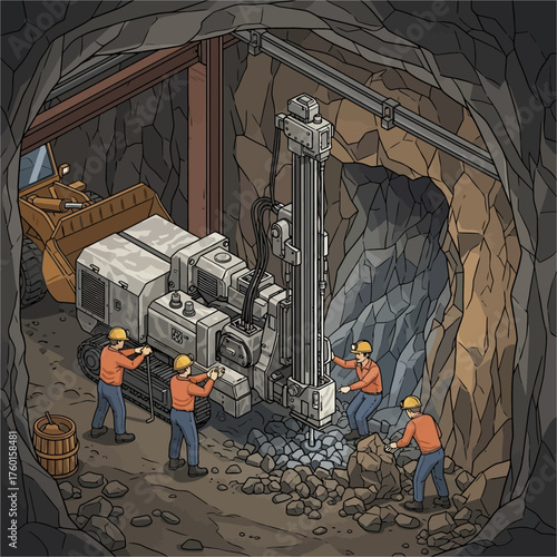 Mining Operation with Workers and Drilling Equipment in a Cave.