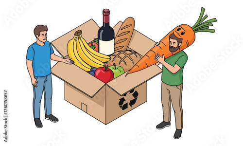 Men with Grocery Box and Carrot Costume people groceries.