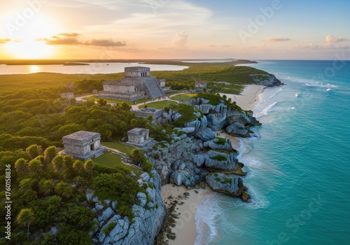 Panoramic view of Tulum ruins on cliffside, Mexico, at golden sunset