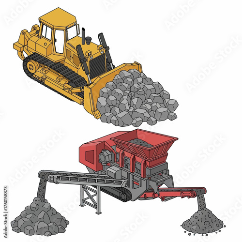 Bulldozer and Rock Crusher Illustration for Industrial Processes.