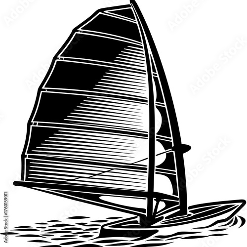 Sailing Adventure: A monochrome image captures a windsurfing board gliding gracefully across the water, its sail billowing in the wind, a symbol of freedom and adventure on the open sea.