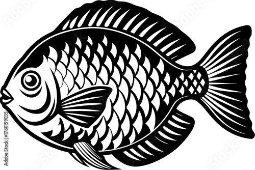 Aquatic Illustration: A beautifully crafted black and white illustration of a solitary fish, its scales meticulously detailed, showcasing the elegance of marine life.