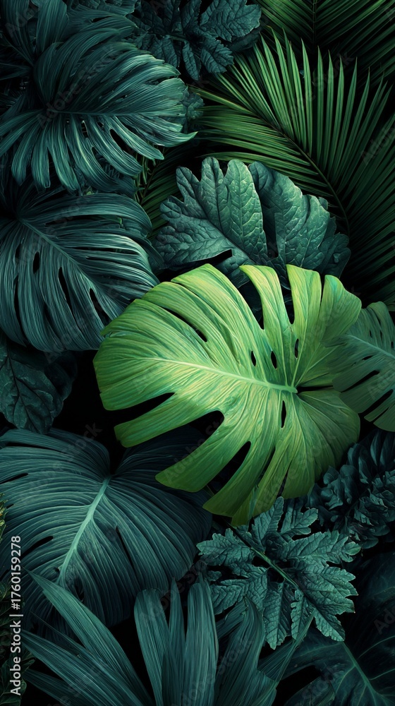 Fototapeta premium Lush tropical rainforest foliage with vibrant monstera and palm leaves creating a dense, layered green botanical landscape of exotic natural textures