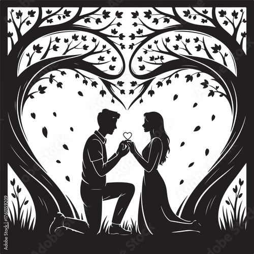 Romantic marriage proposal under heart shaped tree