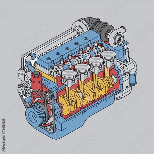 Detailed Cutaway View of a Four-Cylinder Internal Combustion Engine.