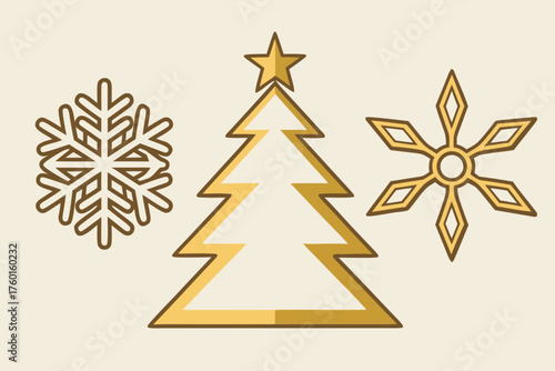 Stylized gold vector Christmas tree and snowflakes on soft beige background.