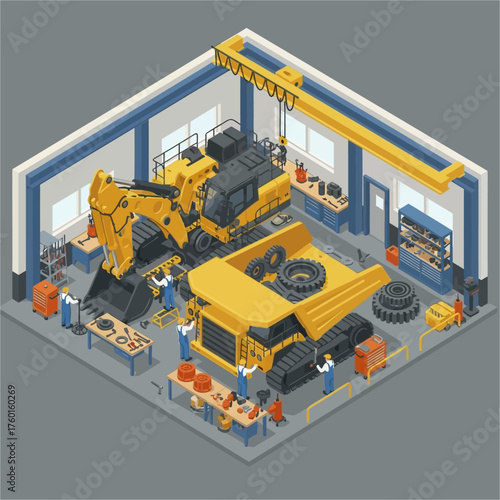 Heavy machinery repair shop with excavator and dump truck maintenance.