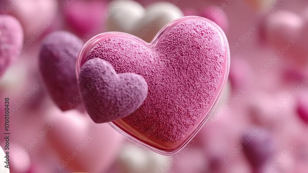 Close up of pink heart shaped candy with blurred pastel background