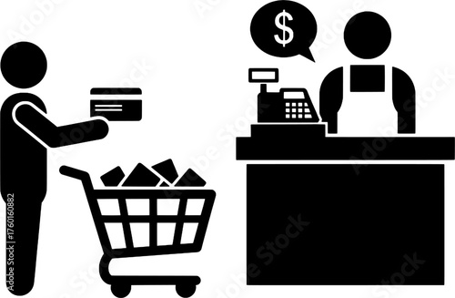 Customer Paying with Credit Card at Cashier Counter Icon Vector