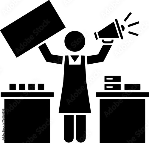Store Promoter or Retail Saleswoman Announcing Offer with Megaphone Icon
