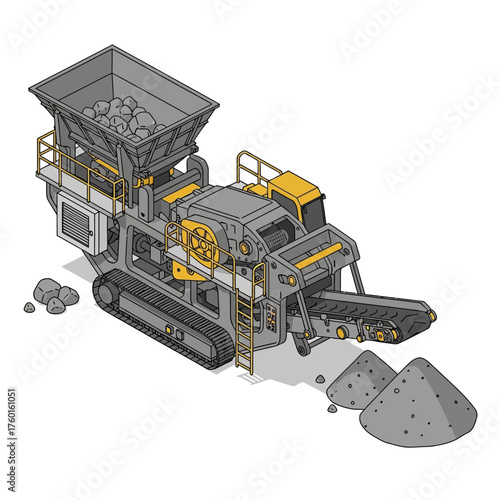 Isometric illustration of a mobile rock crushing machine processing stone.
