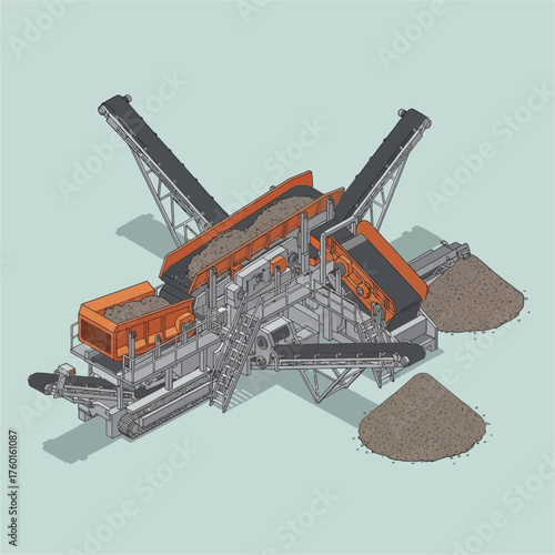 Isometric illustration of a mobile rock crushing and screening plant.
