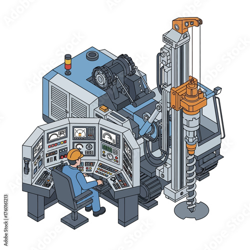 Isometric Illustration of Drilling Rig Operation with Operator.