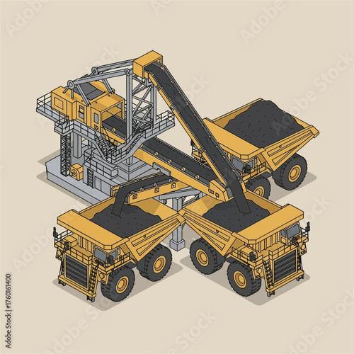 Isometric illustration of heavy mining dump trucks loading coal from a conveyor system.