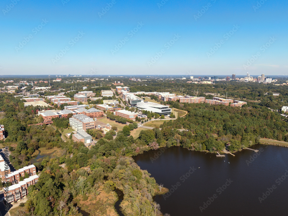 Fototapeta premium Aerial Drone View of NC State University Centennial Campus with Hunt Library and Monteith Engineering Research Center