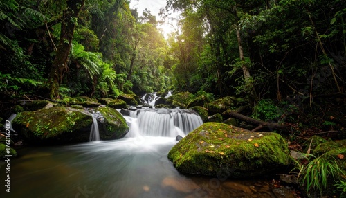 Lush Green Forest Waterfall with Soft Afternoon Sunlight and Moss Covered Rocks