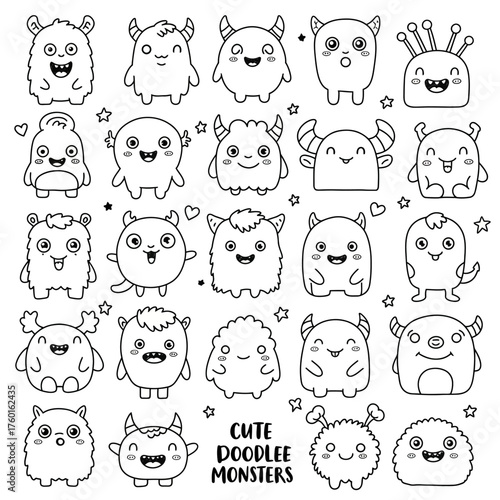 Collection of Cute Doodle Monsters with Various Expressions.