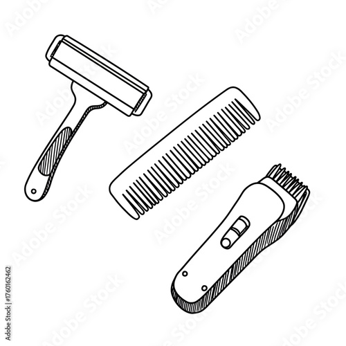 Collection of grooming tools including a razor, comb, and electric trimmer.