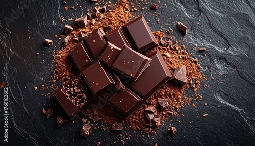 Dark Chocolate Pieces Scattered on a Textured Stone Surface with Rich Chocolate Shavings and a Dramatic Overhead Lighting