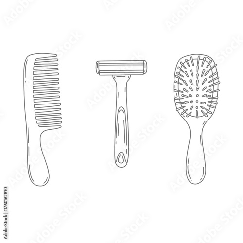 Set of grooming tools including a comb, razor, and brush.