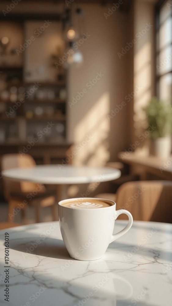 Fototapeta premium Minimal Café Latte on Marble Table in Warm Light